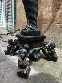 Bronze Figural Five-Arm Torchère Floor Lamp — Classical Female Figure with Flame Shades — Set of 2