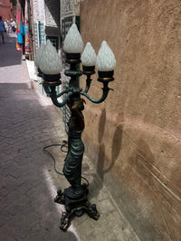 Bronze Figural Five-Arm Torchère Floor Lamp — Classical Female Figure with Flame Shades — Set of 2