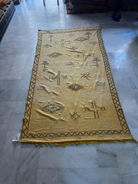 Handwoven Wool Kilim — Saffron Field with Scattered Tribal Symbols
