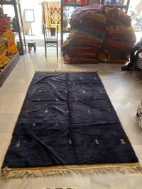 Handknotted Wool Rug — Midnight Navy Field with Scattered Polychrome Motifs
