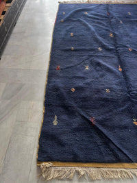 Handknotted Wool Rug — Midnight Navy Field with Scattered Polychrome Motifs