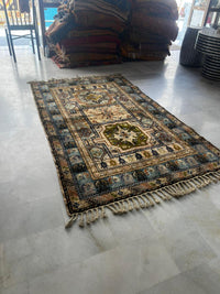 Handknotted Wool Rug — Dual Medallion Field with Slate Blue Floral Border