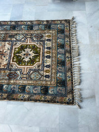 Handknotted Wool Rug — Dual Medallion Field with Slate Blue Floral Border