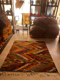 Handwoven Wool Kilim — Polychrome Chevron & Diamond Field in Flame Tones