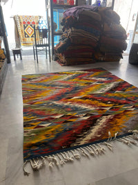 Handwoven Wool Kilim — Polychrome Chevron & Diamond Field in Flame Tones