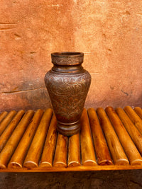Hand-Engraved Copper Vase — Arabesque & Calligraphic Motifs on Darkened Patina