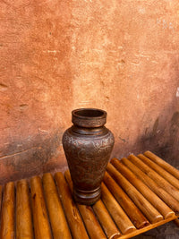 Hand-Engraved Copper Vase — Arabesque & Calligraphic Motifs on Darkened Patina