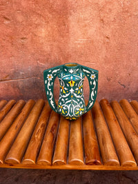 Hand-Painted Ceramic Twin-Handled Vessel — Emerald Ground with White & Saffron Floral Arabesque