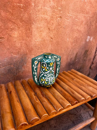 Hand-Painted Ceramic Twin-Handled Vessel — Emerald Ground with White & Saffron Floral Arabesque