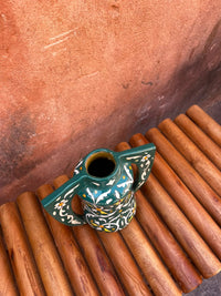 Hand-Painted Ceramic Twin-Handled Vessel — Emerald Ground with White & Saffron Floral Arabesque