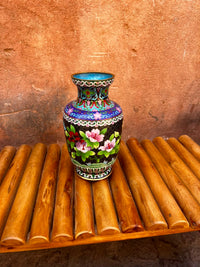 Cloisonné Enamel Vase — Ebony Ground with Peony Bouquet & Polychrome Floral Bands — Set of 2