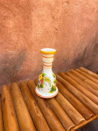 Opaline Glass Bud Vase — Ivory Ground with Hand-Painted Floral Bouquet & Saffron Bands — Set of 2