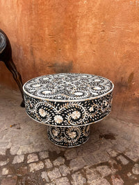 Mother of Pearl Inlaid Round Coffee Table — Ebony Ground with Floral Arabesque Vine