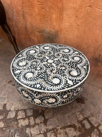 Mother of Pearl Inlaid Round Coffee Table — Ebony Ground with Floral Arabesque Vine