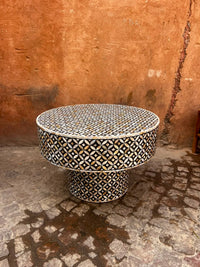 Mother of Pearl Inlaid Round Coffee Table — Ebony Ground with Geometric Star & Circle Lattice