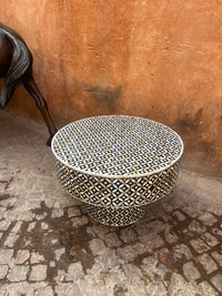 Mother of Pearl Inlaid Round Coffee Table — Ebony Ground with Geometric Star & Circle Lattice