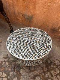 Mother of Pearl Inlaid Round Coffee Table — Ebony Ground with Geometric Star & Circle Lattice