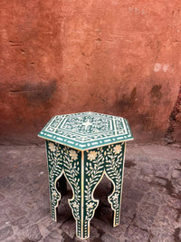Camel Bone & Resin Hexagonal Side Table — Emerald Ground with Floral Vine & Arched Base