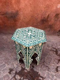 Camel Bone & Resin Hexagonal Side Table — Emerald Ground with Floral Vine & Arched Base