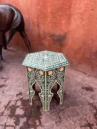 Camel Bone & Resin Hexagonal Side Table — Emerald Ground with Floral Vine & Arched Base