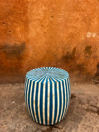 Mother of Pearl & Resin Drum Stool — Teal & Ivory Radial Stripe