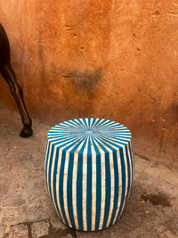 Mother of Pearl & Resin Drum Stool — Teal & Ivory Radial Stripe
