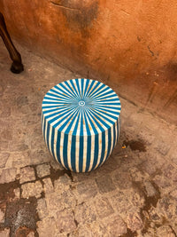 Mother of Pearl & Resin Drum Stool — Teal & Ivory Radial Stripe