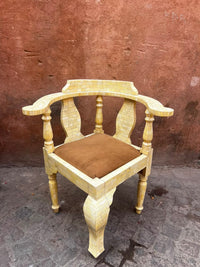 Camel Bone Inlaid Corner Armchair — Tessellated Ivory with Suede Seat & Turned Legs