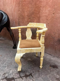Camel Bone Inlaid Corner Armchair — Tessellated Ivory with Suede Seat & Turned Legs