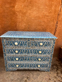 Mother of Pearl & Resin Chest of Drawers — Indigo Ground with Floral Vine & Rosette Handles