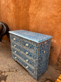 Mother of Pearl & Resin Chest of Drawers — Indigo Ground with Floral Vine & Rosette Handles