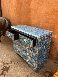 Mother of Pearl & Resin Chest of Drawers — Indigo Ground with Floral Vine & Rosette Handles