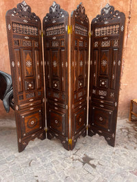 Carved Walnut & Camel Bone Room Divider — Four-Panel Arabesque Screen with Pierced Crown