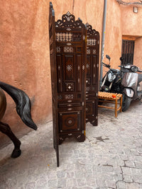 Carved Walnut & Camel Bone Room Divider — Four-Panel Arabesque Screen with Pierced Crown