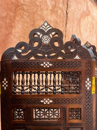 Carved Walnut & Camel Bone Room Divider — Four-Panel Arabesque Screen with Pierced Crown