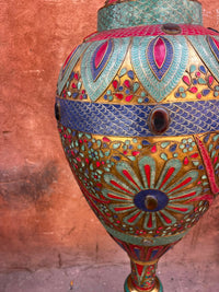 Hand-Painted Brass Floor Vase — Polychrome Enamel & Pearl Inlay on Amphora Form