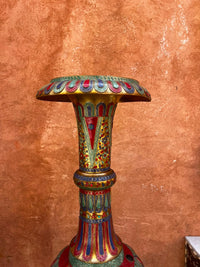 Hand-Painted Brass Floor Vase — Polychrome Enamel & Pearl Inlay on Amphora Form