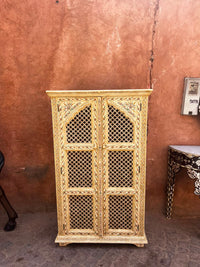 Camel Bone Inlaid Cabinet — Pierced Lattice Doors with Hand-Painted Floral Panels