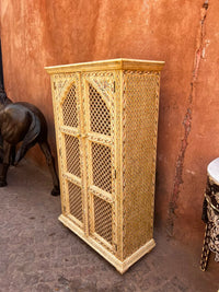 Camel Bone Inlaid Cabinet — Pierced Lattice Doors with Hand-Painted Floral Panels