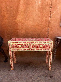 Camel Bone & Resin Console Table — Crimson Ground with Floral Vine & Medallion Inlay