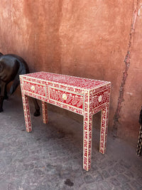 Camel Bone & Resin Console Table — Crimson Ground with Floral Vine & Medallion Inlay