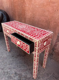 Camel Bone & Resin Console Table — Crimson Ground with Floral Vine & Medallion Inlay