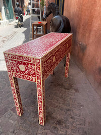 Camel Bone & Resin Console Table — Crimson Ground with Floral Vine & Medallion Inlay