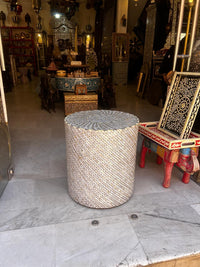 Cylindrical Side Table — Mother of Pearl & Camel Bone Inlay with Spiral Sunburst