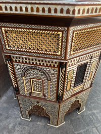 Mother of Pearl, Camel Bone & Carved Wood Octagonal Side Table — Grand Moorish Star Inlay