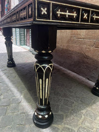 Ebonised Wood & Mother of Pearl Rectangular Dining Table — Geometric Inlay with Glass Top