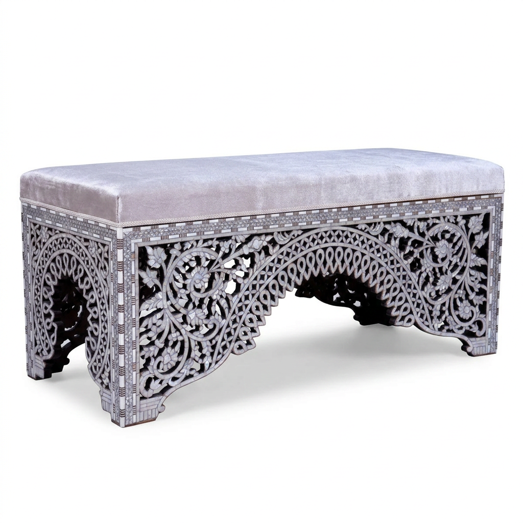 Bench — Mother of Pearl & Silver Wire Inlay with Ivory Velvet Upholstery