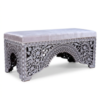 Bench — Mother of Pearl & Silver Wire Inlay with Ivory Velvet Upholstery