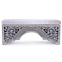 Bench — Mother of Pearl & Silver Wire Inlay with Ivory Velvet Upholstery
