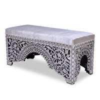 Bench — Mother of Pearl & Silver Wire Inlay with Ivory Velvet Upholstery